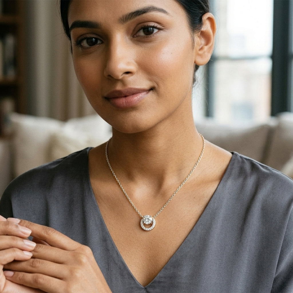 1.15 Ct Round Shape Halo Diamond Necklace | 14K Yellow Gold