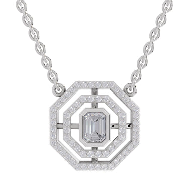 0.84 Ct Emerald & Round Shape Octagonal Halo Diamond Necklace | 14K White Gold
