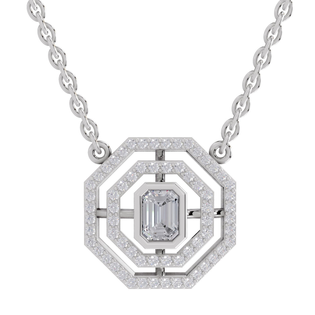 0.84 Ct Emerald Octagonal Halo Diamond Necklace in 14K