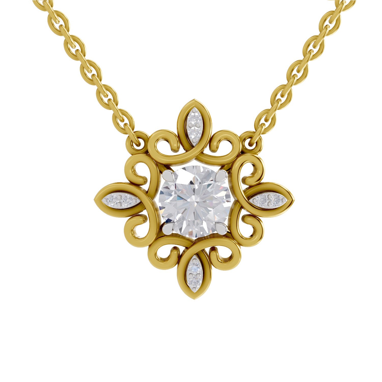0.84 Ct Round Shape Halo Diamond Necklace | 14K Yellow Gold