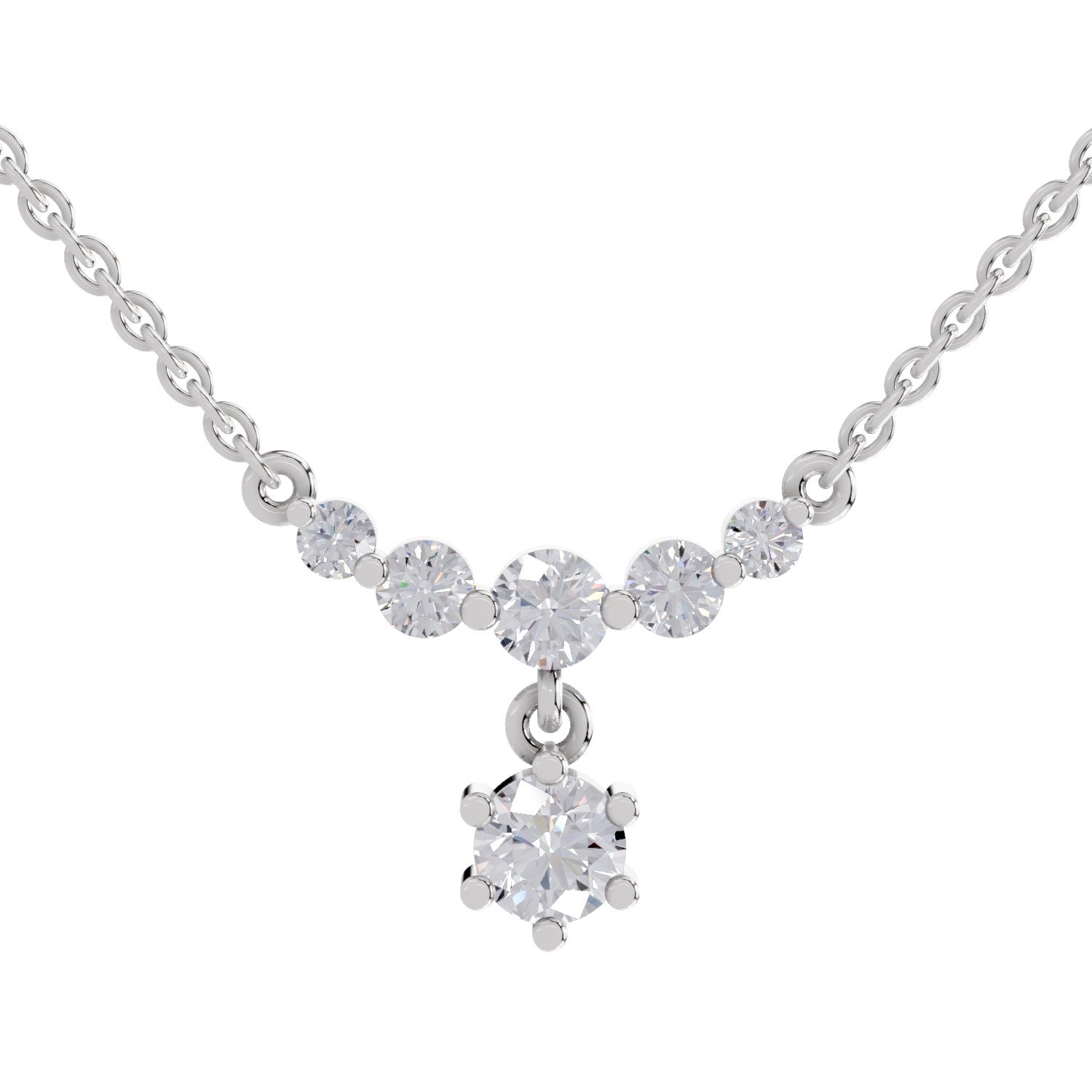 1.13 Ct Round Shape Graduated Diamond Drop Necklace | 14K White Gold