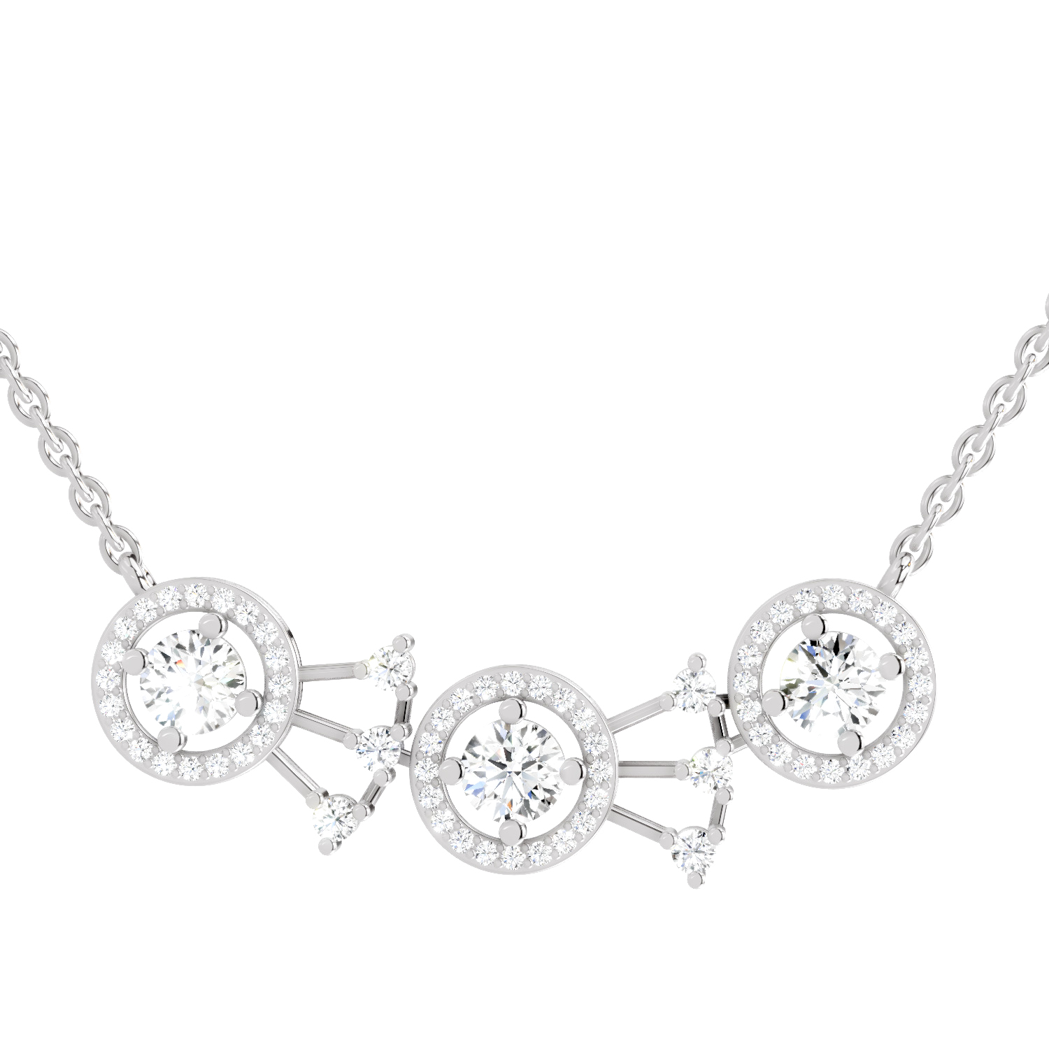 1.45 ct Three-Stone Halo Pendant Necklace in 14K