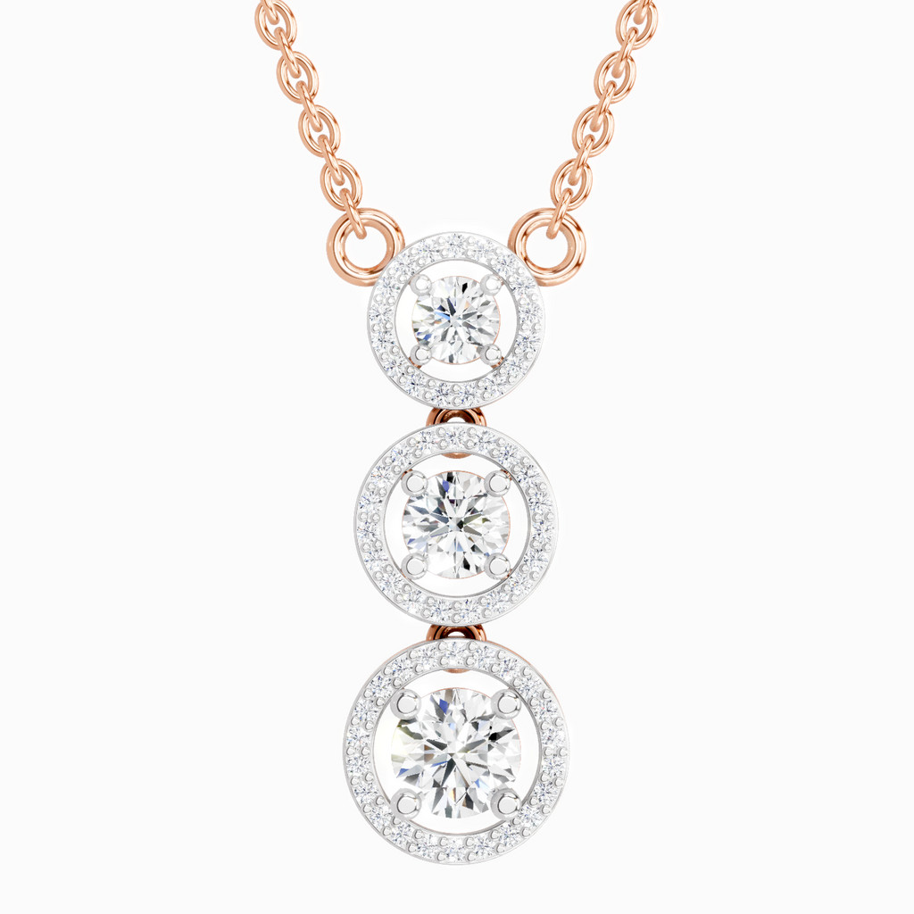 1.43 ct Three Stone Halo Pendant Necklace in 14K