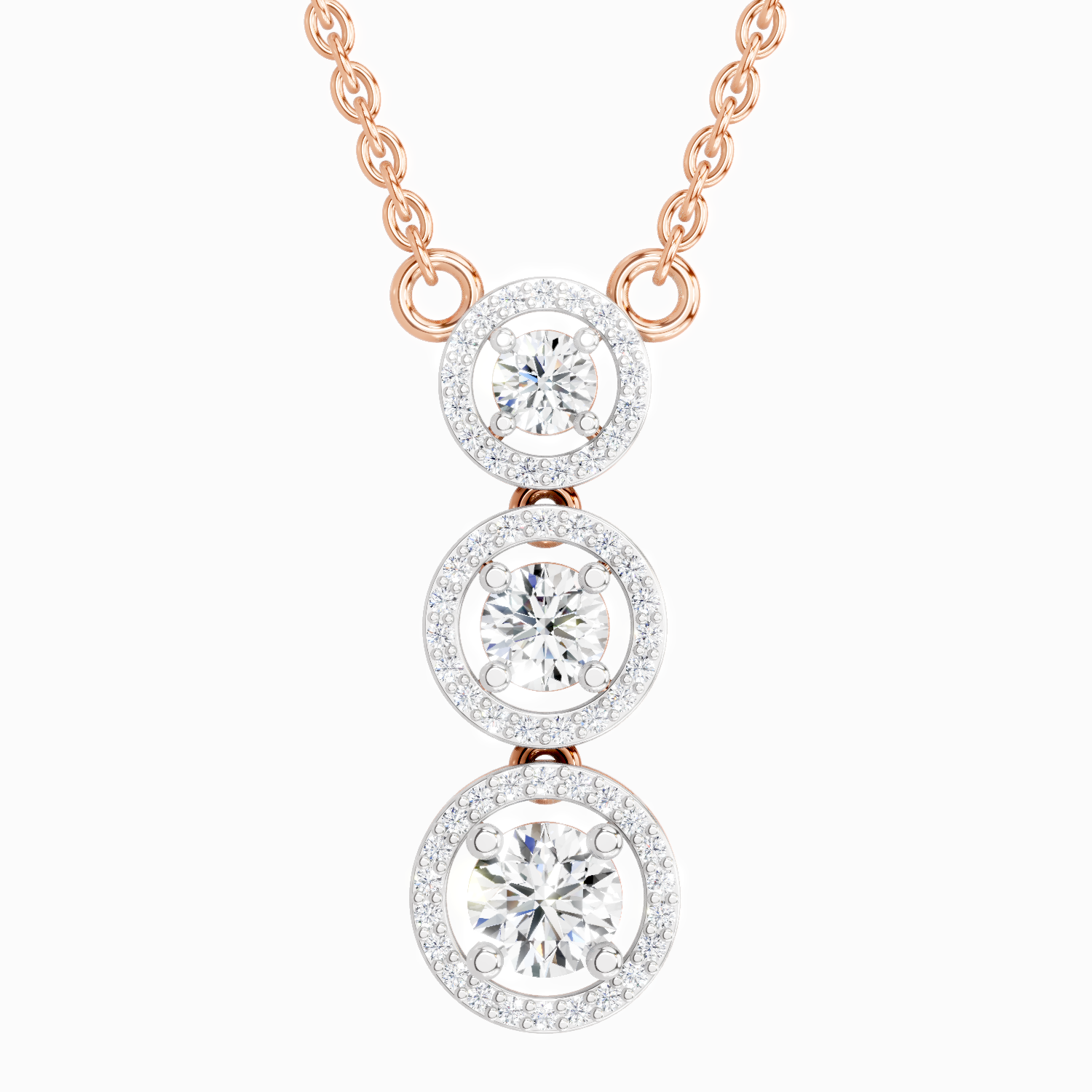 1.43 ct Three Stone Halo Pendant Necklace in 14K