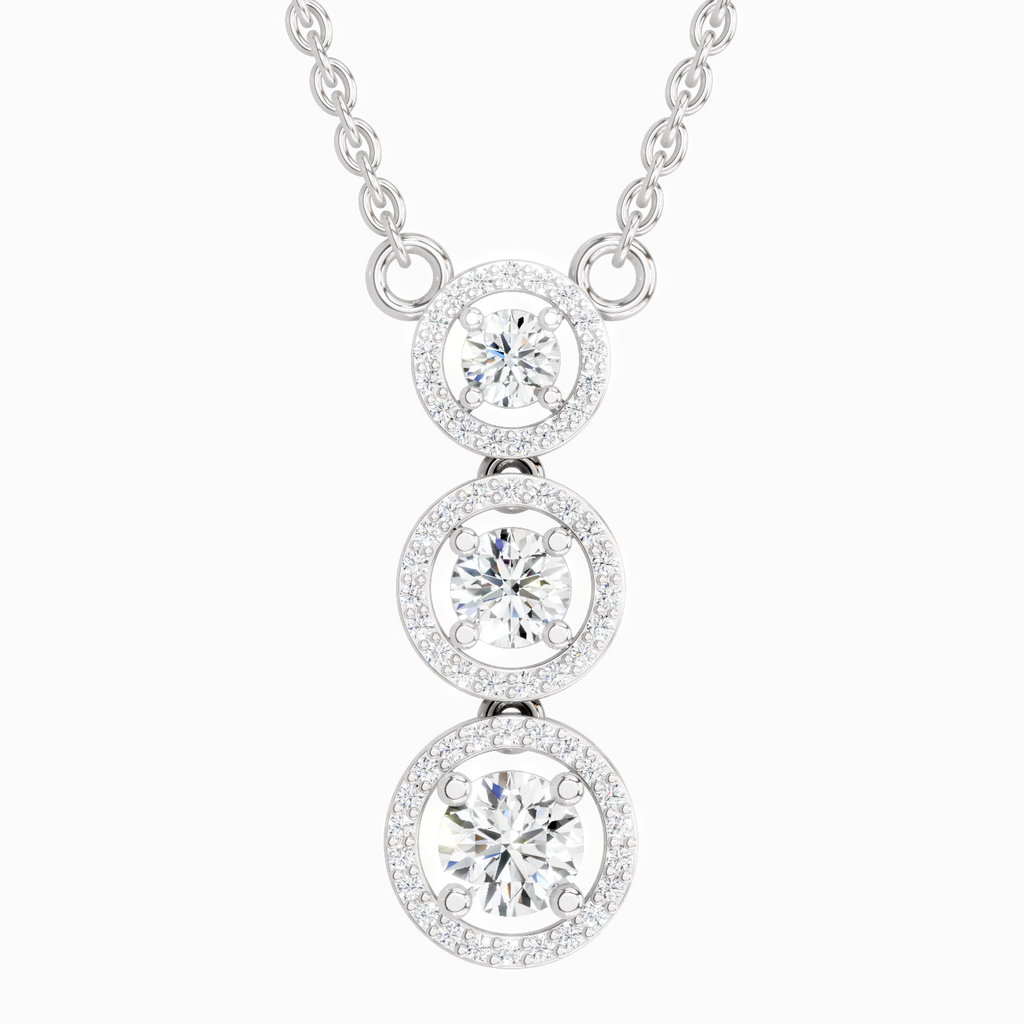 1.43 ct Three Stone Halo Pendant Necklace in 14K