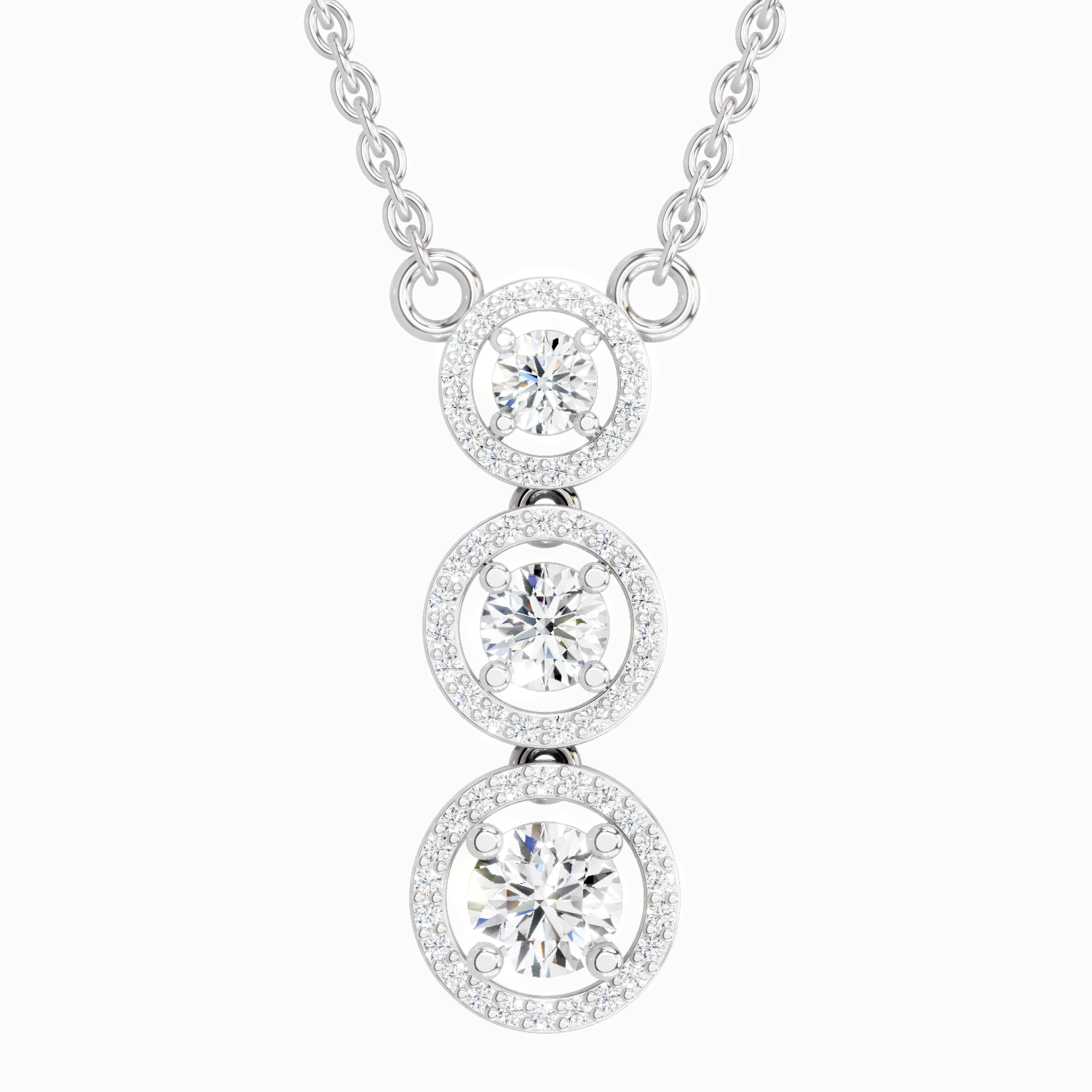 1.43 ct Three Stone Halo Pendant Necklace in 14K