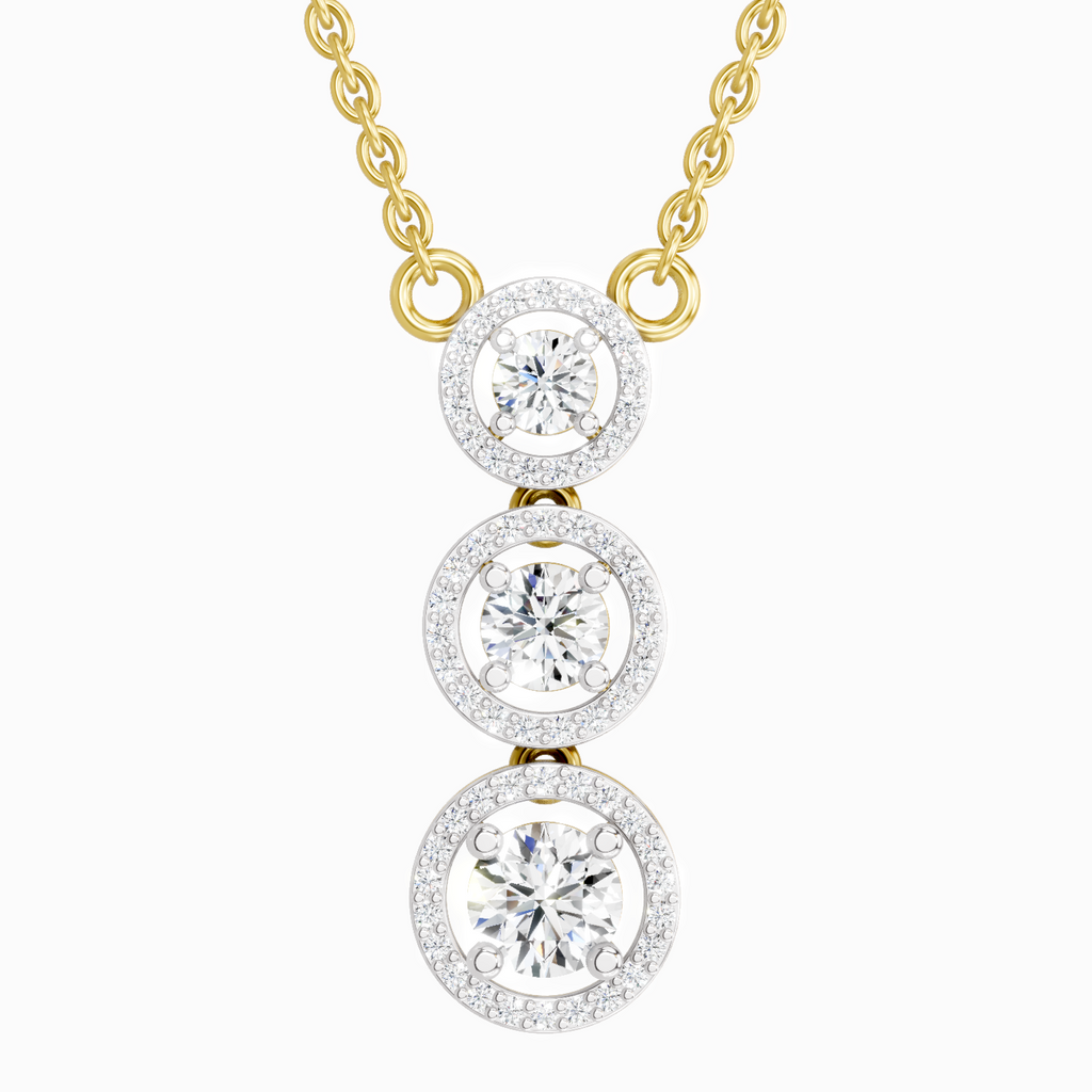 1.43 ct Three Stone Halo Pendant Necklace in 14K
