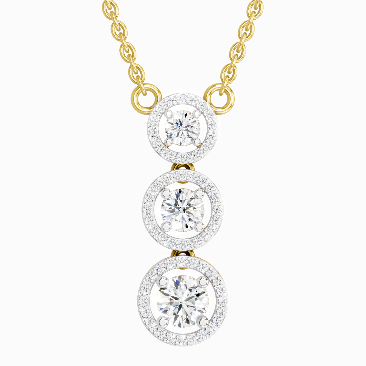 1.43 ct Three Stone Halo Pendant Necklace in 14K
