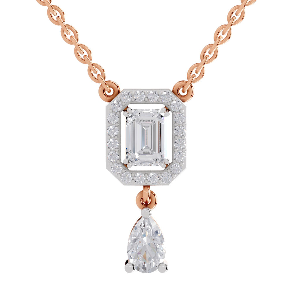 1.32 Ct Emerald Shape Halo Drop Diamond Necklace in 14K