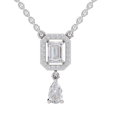 1.32 Ct Emerald Shape Halo Drop Diamond Necklace | 14K White Gold