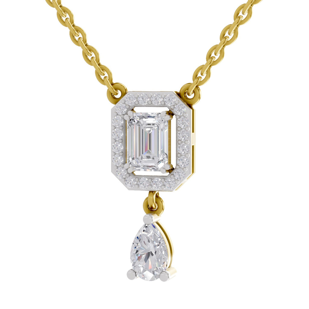 1.32 Ct Emerald Shape Halo Drop Diamond Necklace in 14K