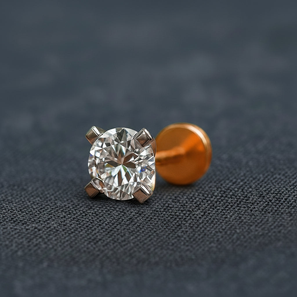 0.21 Carat Round Shape 4 Prong Solitaire Diamond Nose Pin | 14K Yellow Gold-Screw