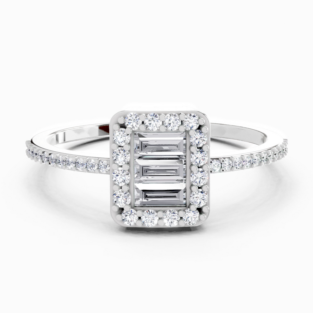 0.42 Ct Baguette Shape Halo Diamond Ring | 14K White Gold