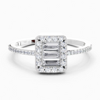 0.42 Ct Baguette Shape Halo Diamond Ring | 14K White Gold