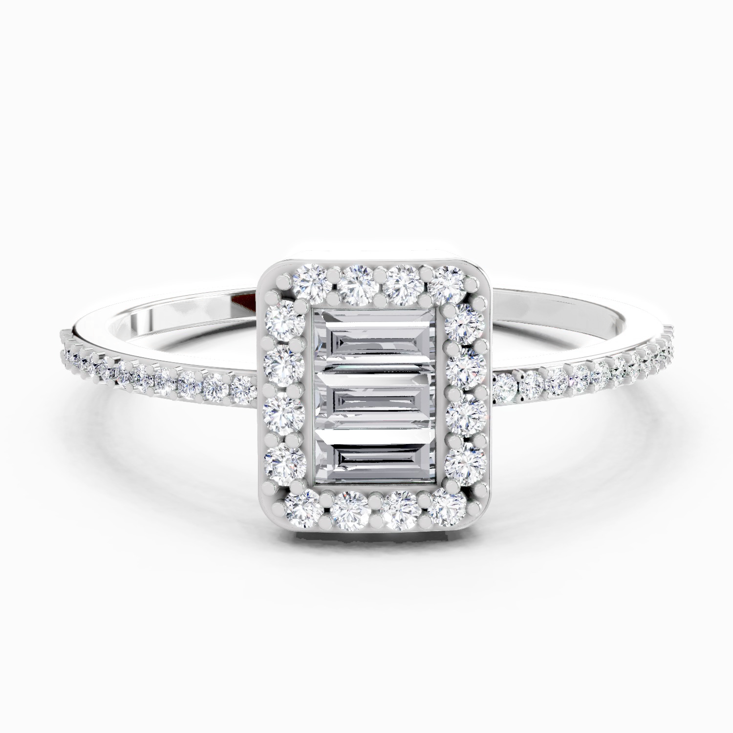 0.42 Ct Baguette Shape Halo Diamond Ring | 14K White Gold