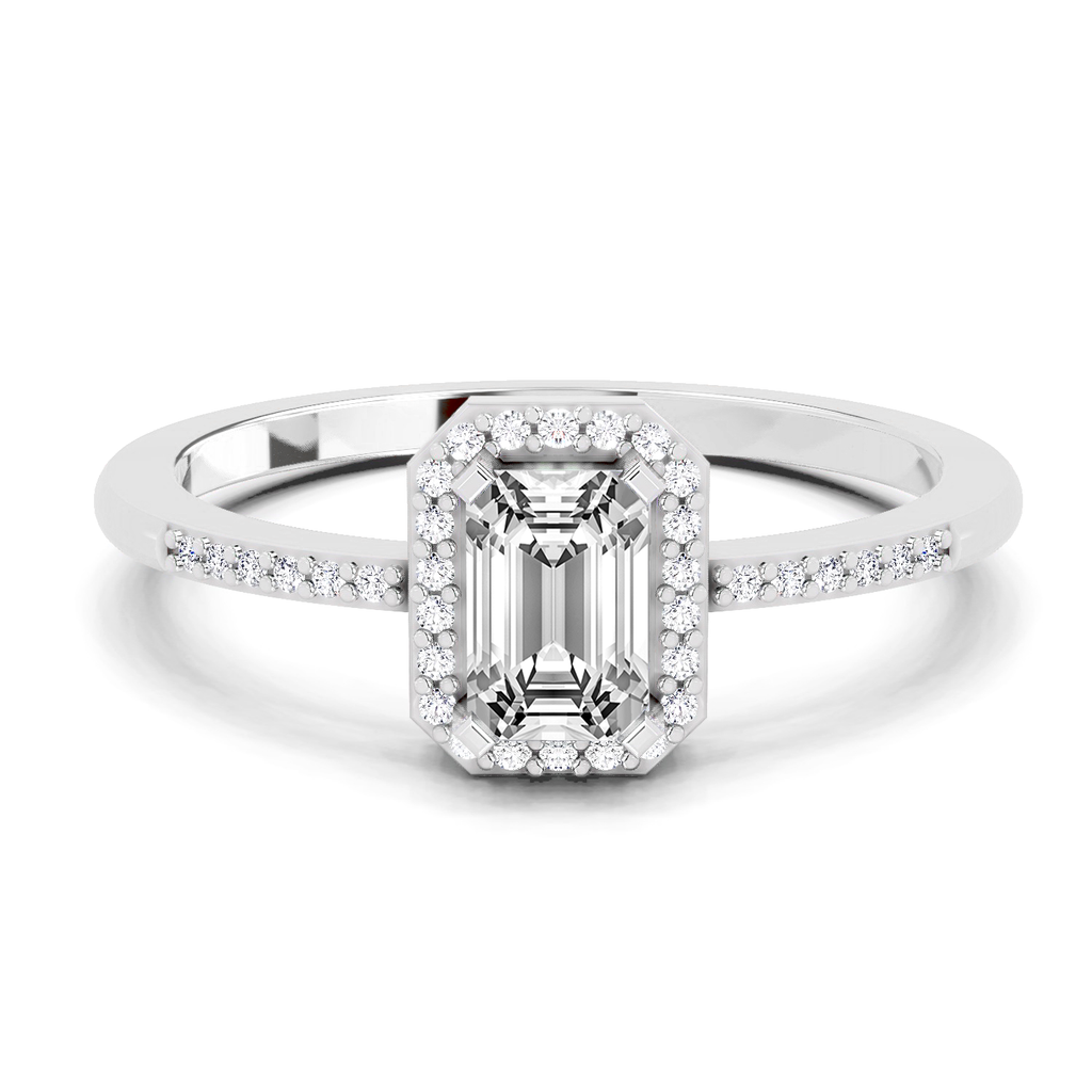 0.7 Ct Emerald Cut Halo Ring | 14K White Gold