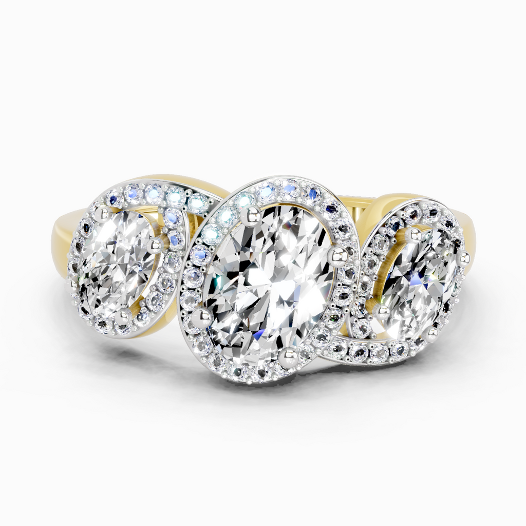 2 Ct Oval Three-Stone Halo Ring | 14K Yellow Gold
