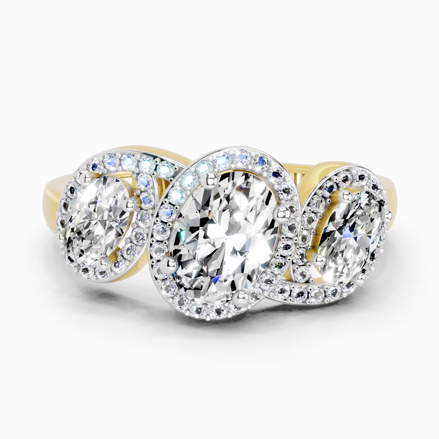 2 Ct Oval Three-Stone Halo Ring | 14K Yellow Gold