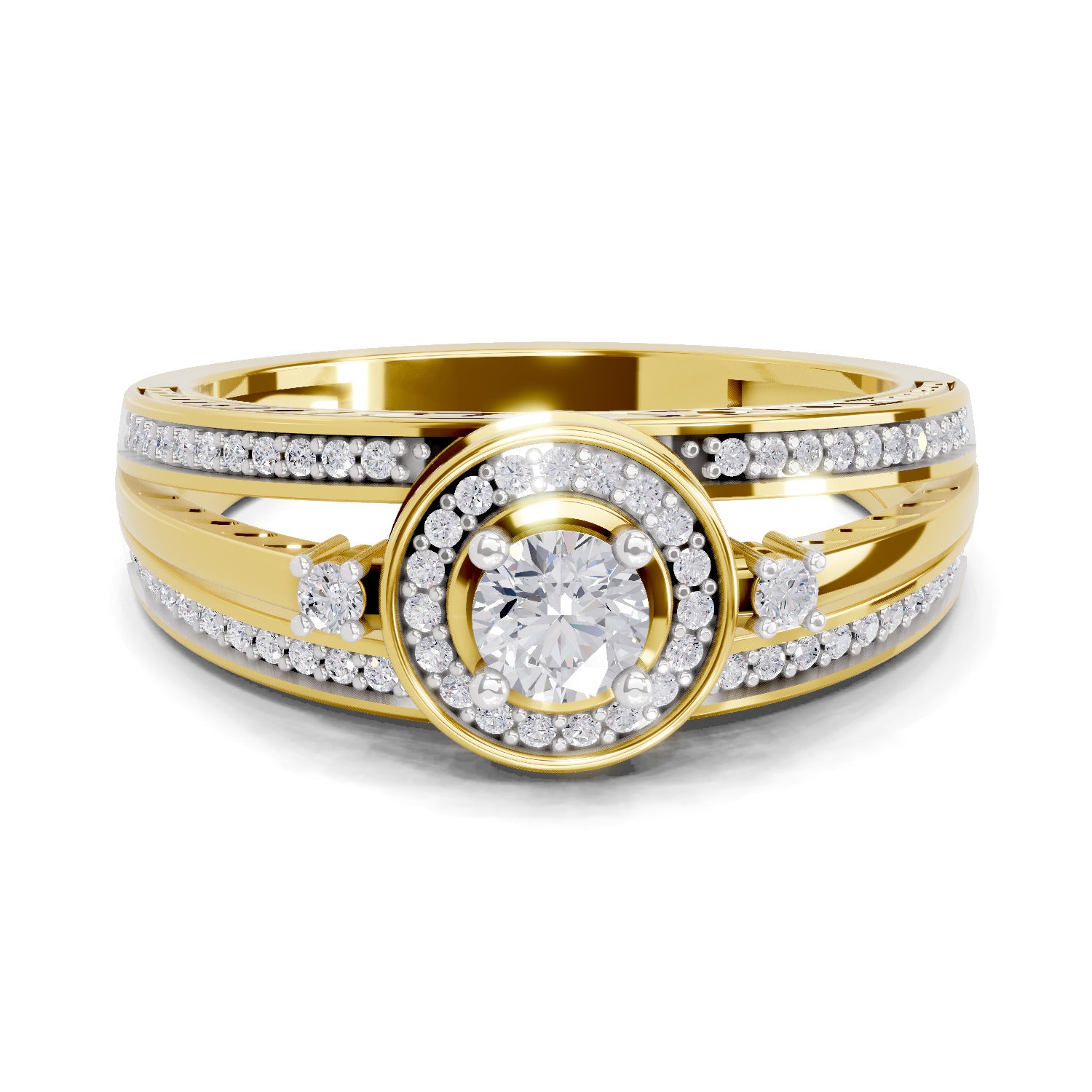 0.6 Carat Round Shape Circle Halo Engagement Ring | 14K Yellow Gold