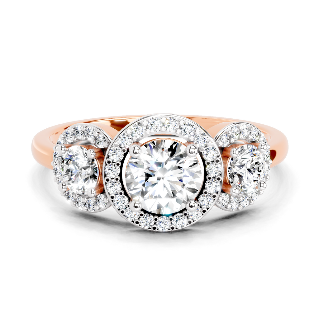 1.01 Ct Round 3 Stone Halo Diamond Ring | 14K Rose Gold