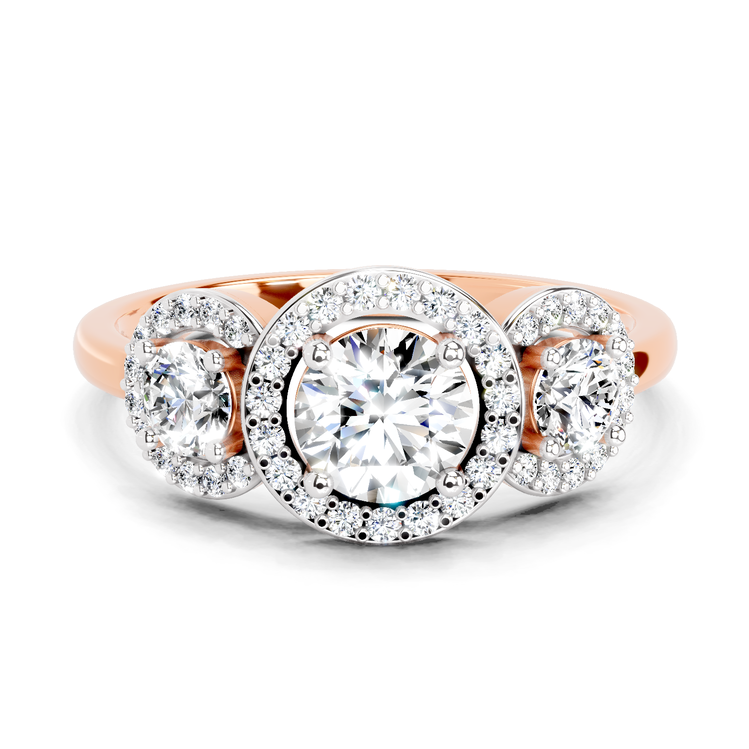 1.01 Ct Round 3 Stone Halo Diamond Ring | 14K Rose Gold