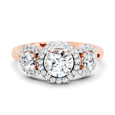 1.01 Ct Round 3 Stone Halo Diamond Ring | 14K Rose Gold
