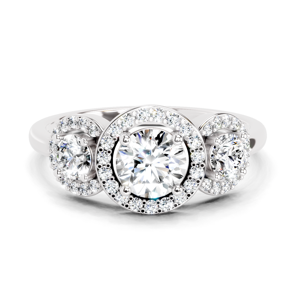 1.01 Ct Round 3 Stone Halo Diamond Ring | 14K White Gold