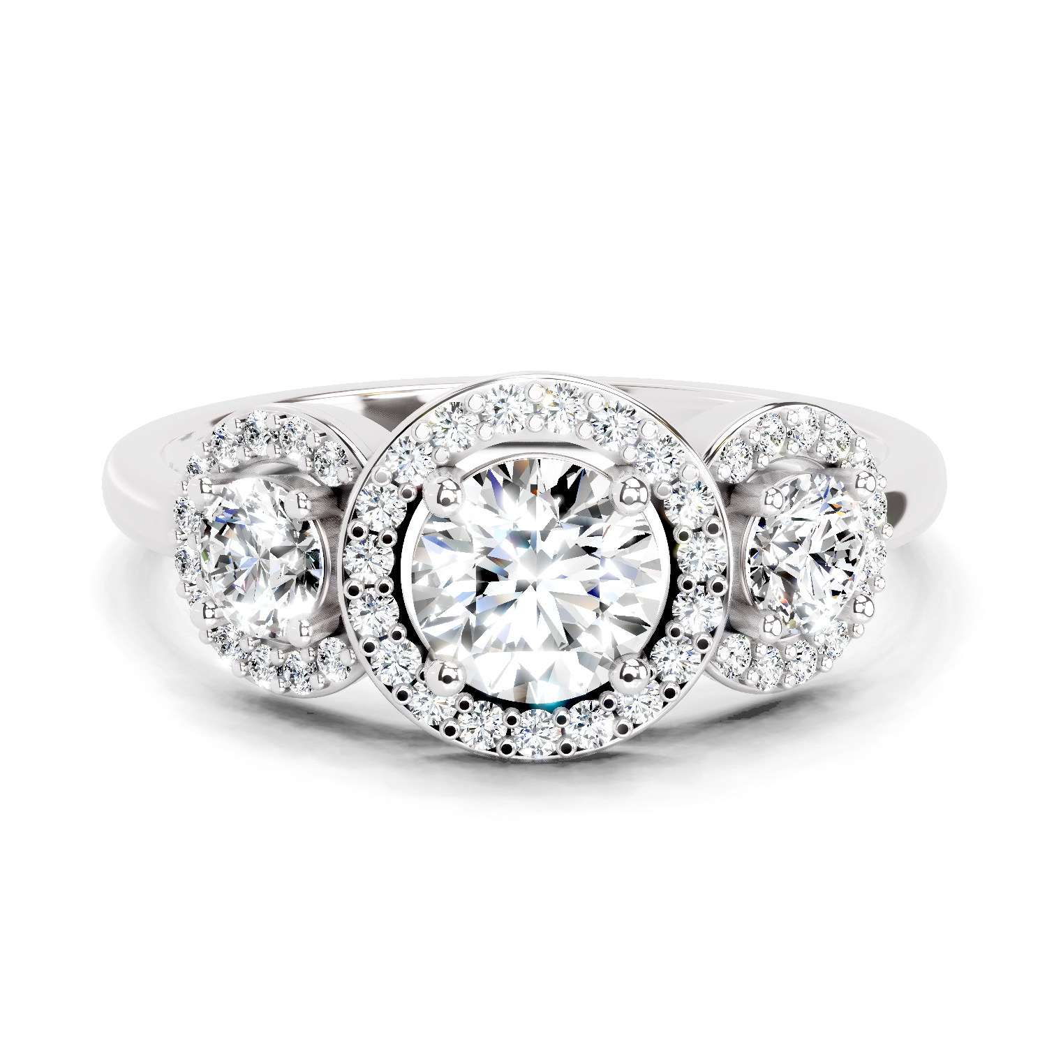 1.01 Ct Round 3 Stone Halo Diamond Ring | 14K White Gold