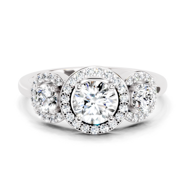 1.01 Ct Round 3 Stone Halo Diamond Ring | 14K White Gold