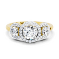 1.01 Ct Round 3 Stone Halo Diamond Ring | 14K Yellow Gold