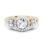 1.01 Ct Round 3 Stone Halo Diamond Ring | 14K Yellow Gold