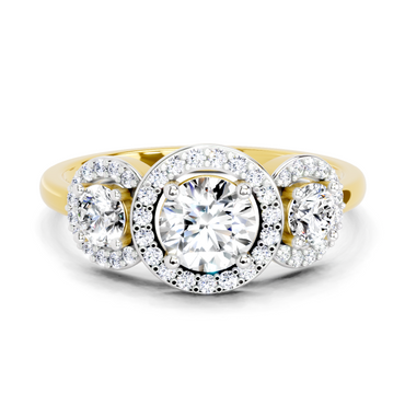1.01 Ct Round 3 Stone Halo Diamond Ring | 14K Yellow Gold