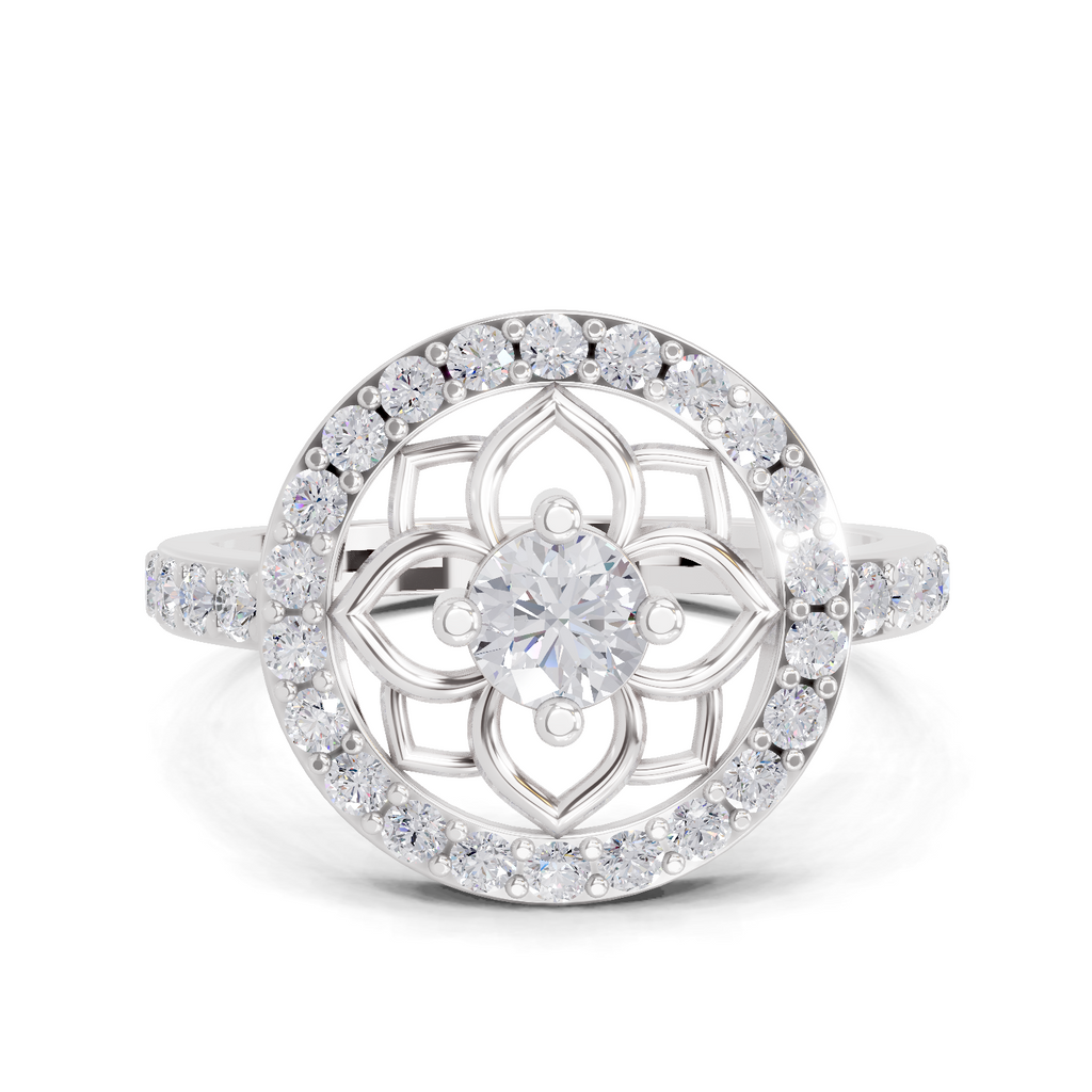 0.86 Carat Round Shape Diamond Floral Halo Ring | 14K White Gold