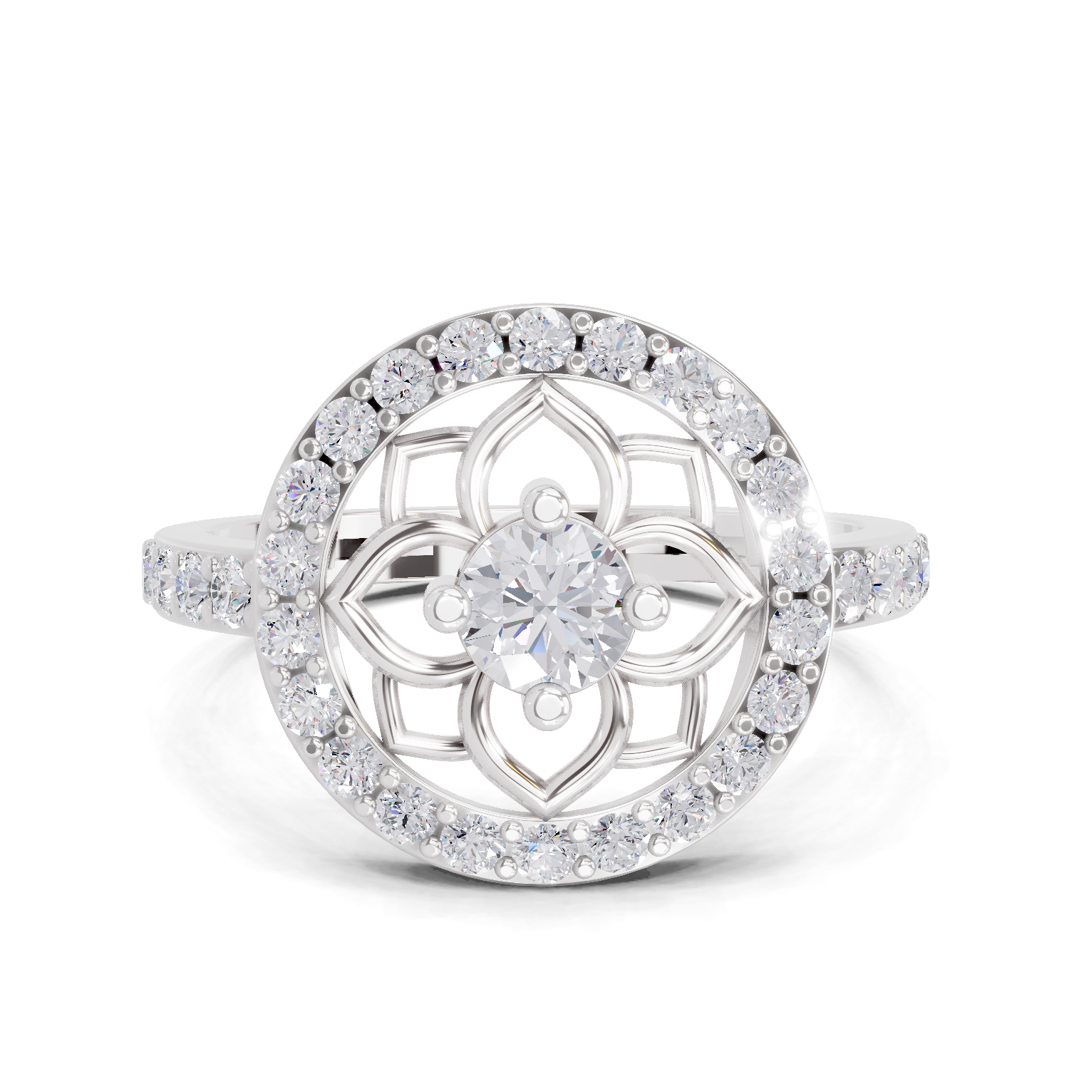 0.86 Carat Round Shape Diamond Floral Halo Ring | 14K White Gold