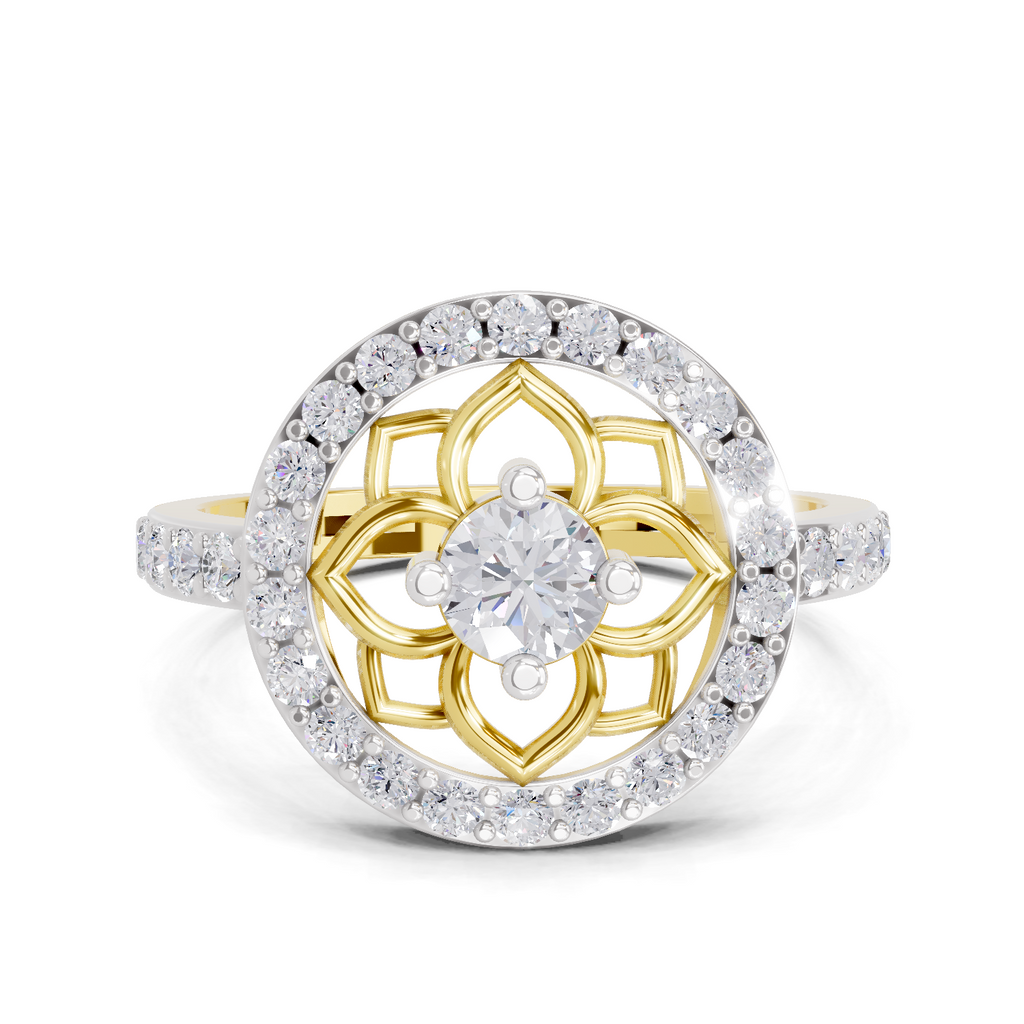 0.86 Carat Round Shape Diamond Floral Halo Ring | 14K Yellow Gold