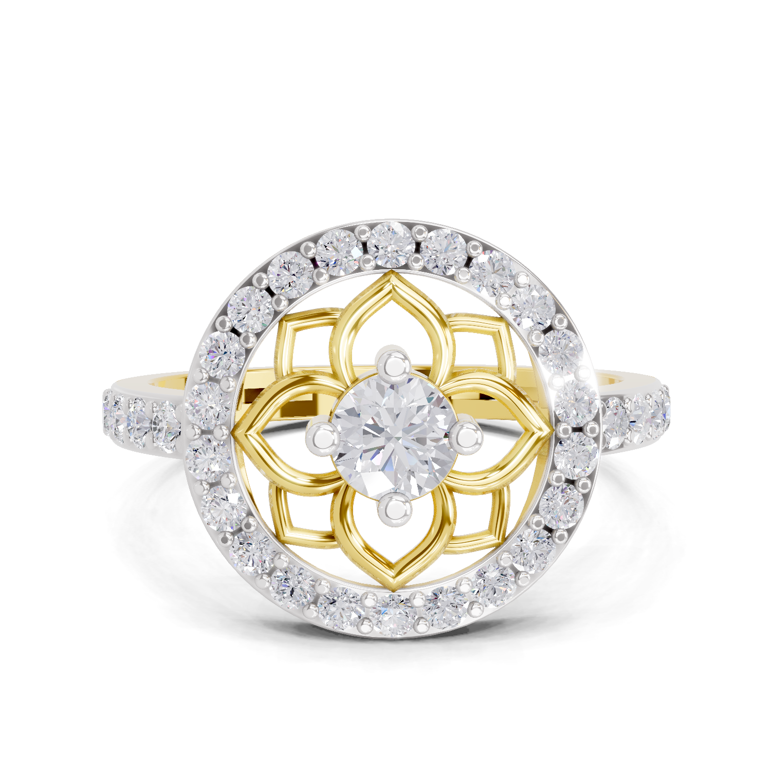 0.86 Carat Round Shape Diamond Floral Halo Ring | 14K Yellow Gold