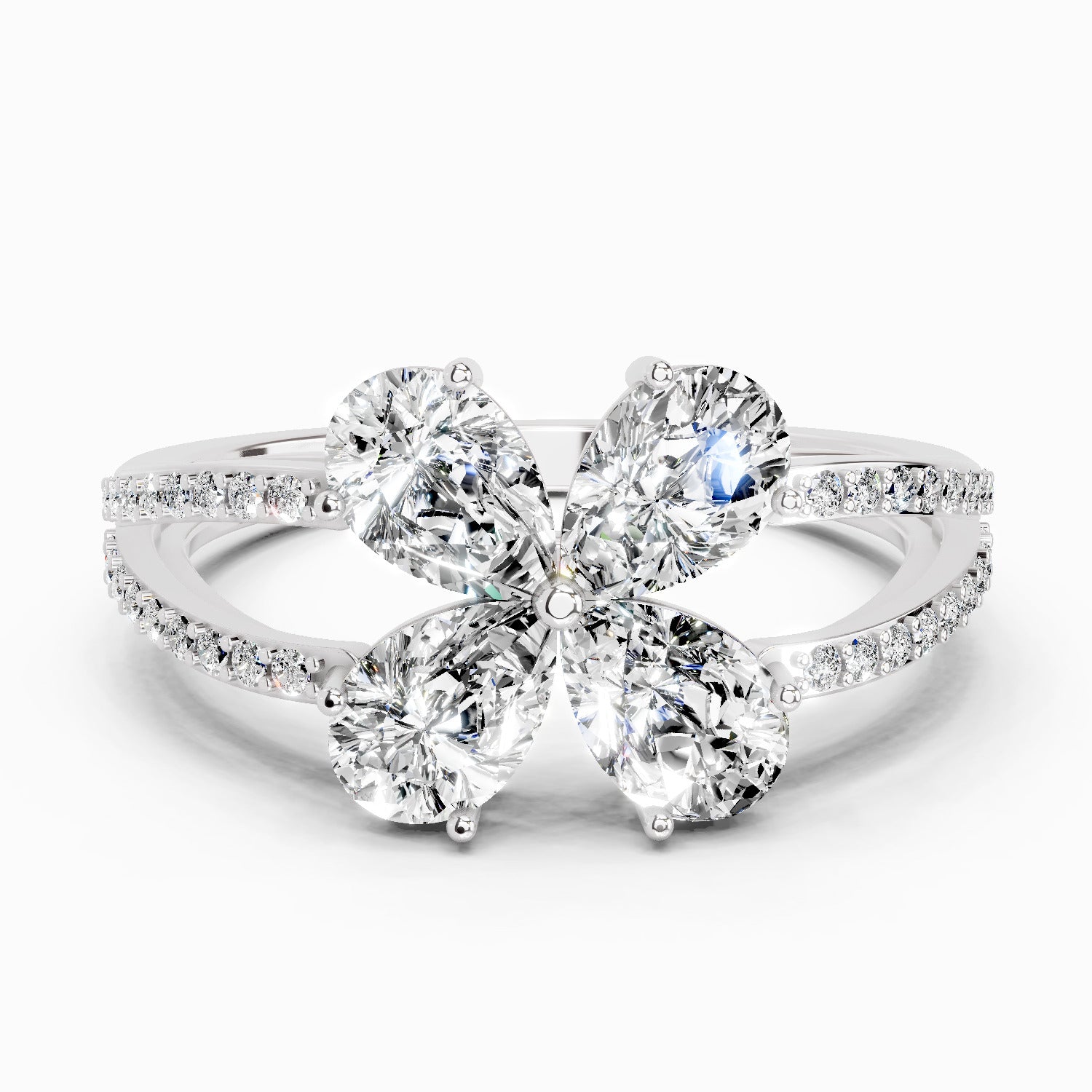 1.38 Ct Pear Shape Diamond Clover Ring | 14K White Gold