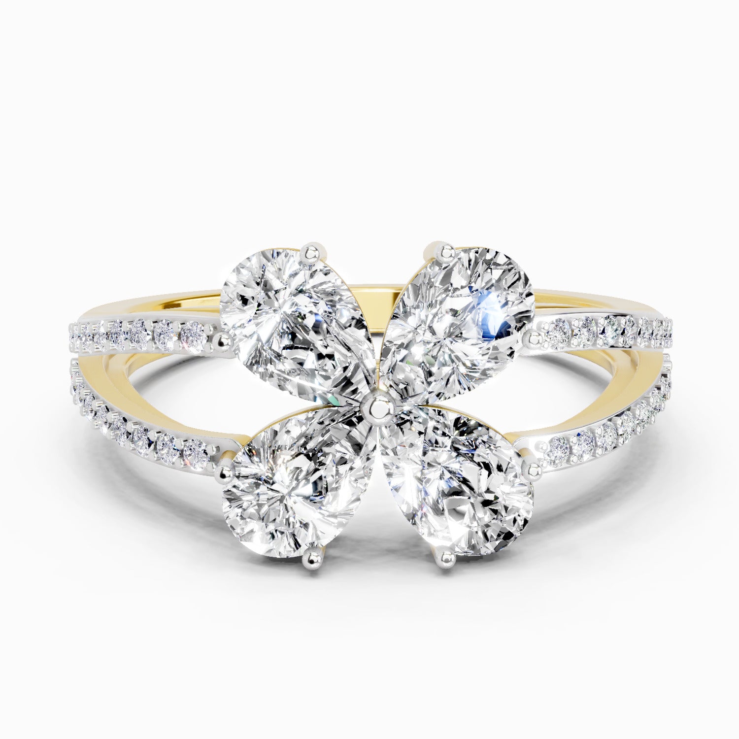 1.38 Ct Pear Shape Diamond Clover Ring | 14K Yellow Gold