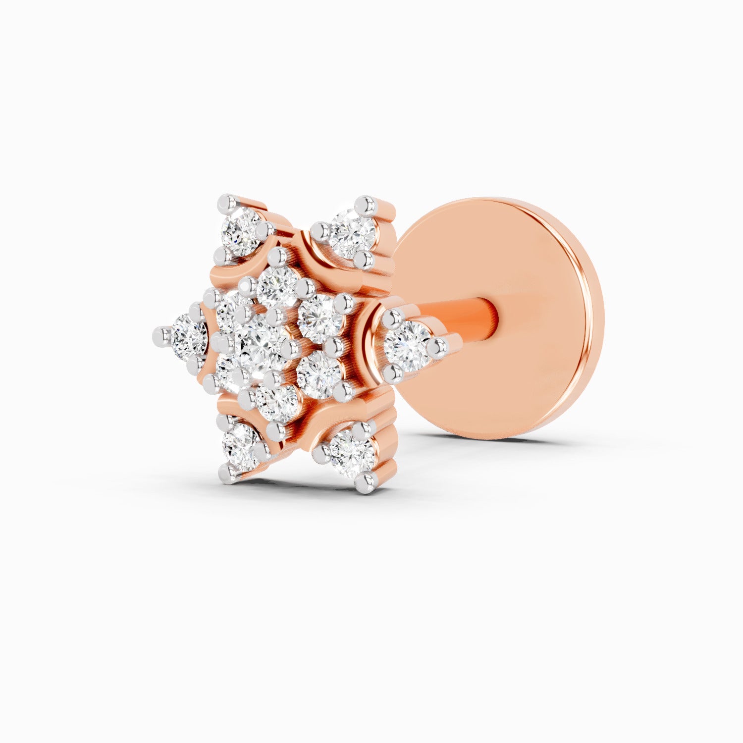0.05 Carat Round Shape Snowflake Shine Diamond Nose Pin | 14K Rose Gold-Screw
