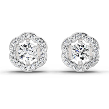 0.86 Ct Round Shape Halo Diamond Stud Earrings | 14K White Gold
