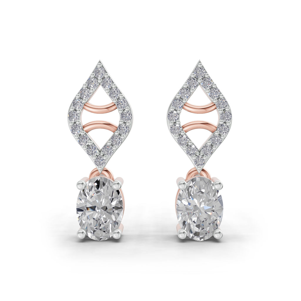 0.88 Ct  Oval Diamond Leaf Drop Diamond Stud Earrings | 14K Rose Gold