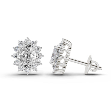 0.80 Ct  Oval Cluster Diamond Stud Earrings | 14K White Gold