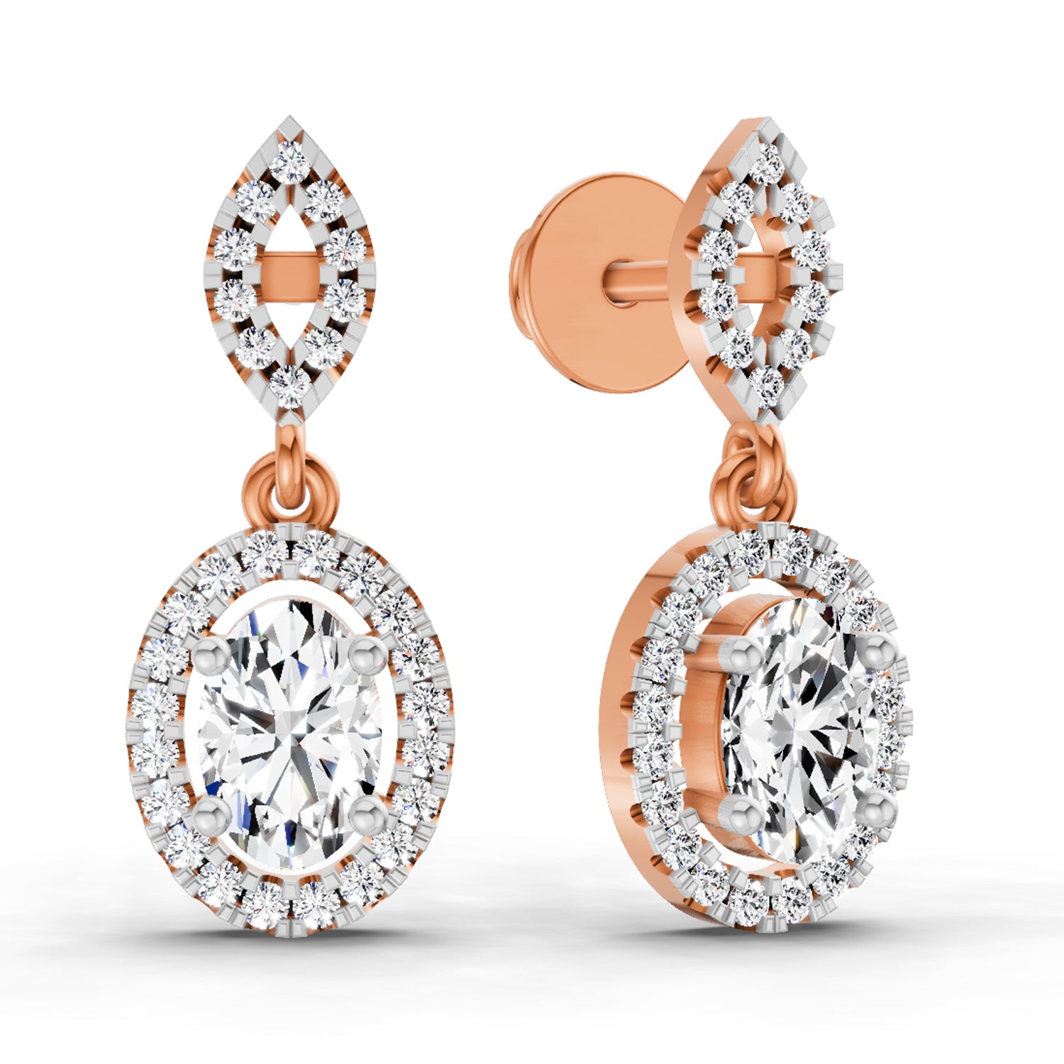 1.42 Ct Oval Shape Dangle Diamond Earrings | 14K Rose Gold