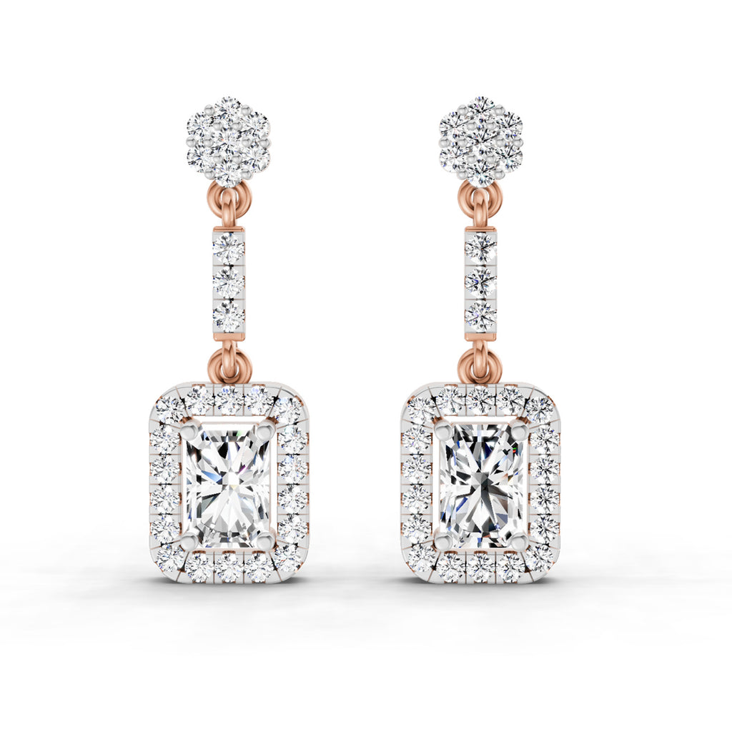 1.81 Ct Emerald Shape Dangle Diamond Earrings | 14K Rose Gold