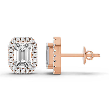 1.14 Ct Emerald Shape Halo Diamond Earrings | 14K Rose Gold
