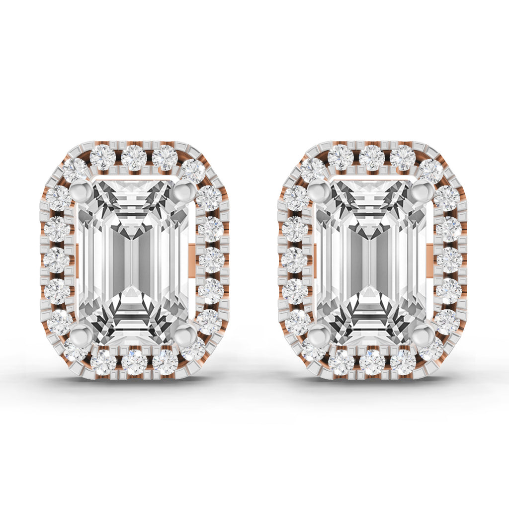 1.14 Ct Emerald Shape Halo Diamond Earrings | 14K Rose Gold