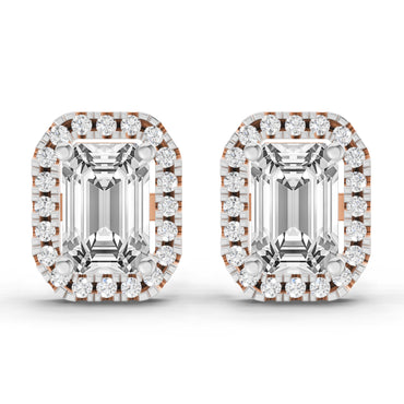 1.14 Ct Emerald Shape Halo Diamond Earrings | 14K Rose Gold