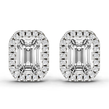 1.14 Ct Emerald Shape Halo Diamond Earrings | 14K White Gold