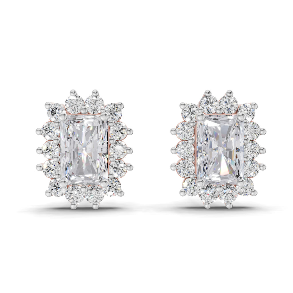 1.86 Ct Emerald Shape Halo Diamond Stud Earrings | 14K Rose Gold