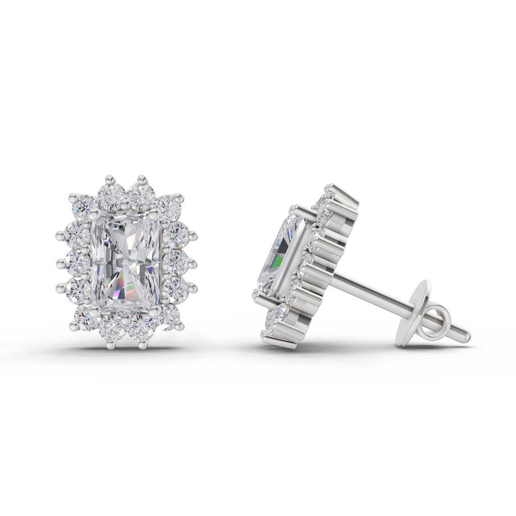 1.86 Ct Emerald Shape Halo Diamond Stud Earrings | 14K Rose Gold